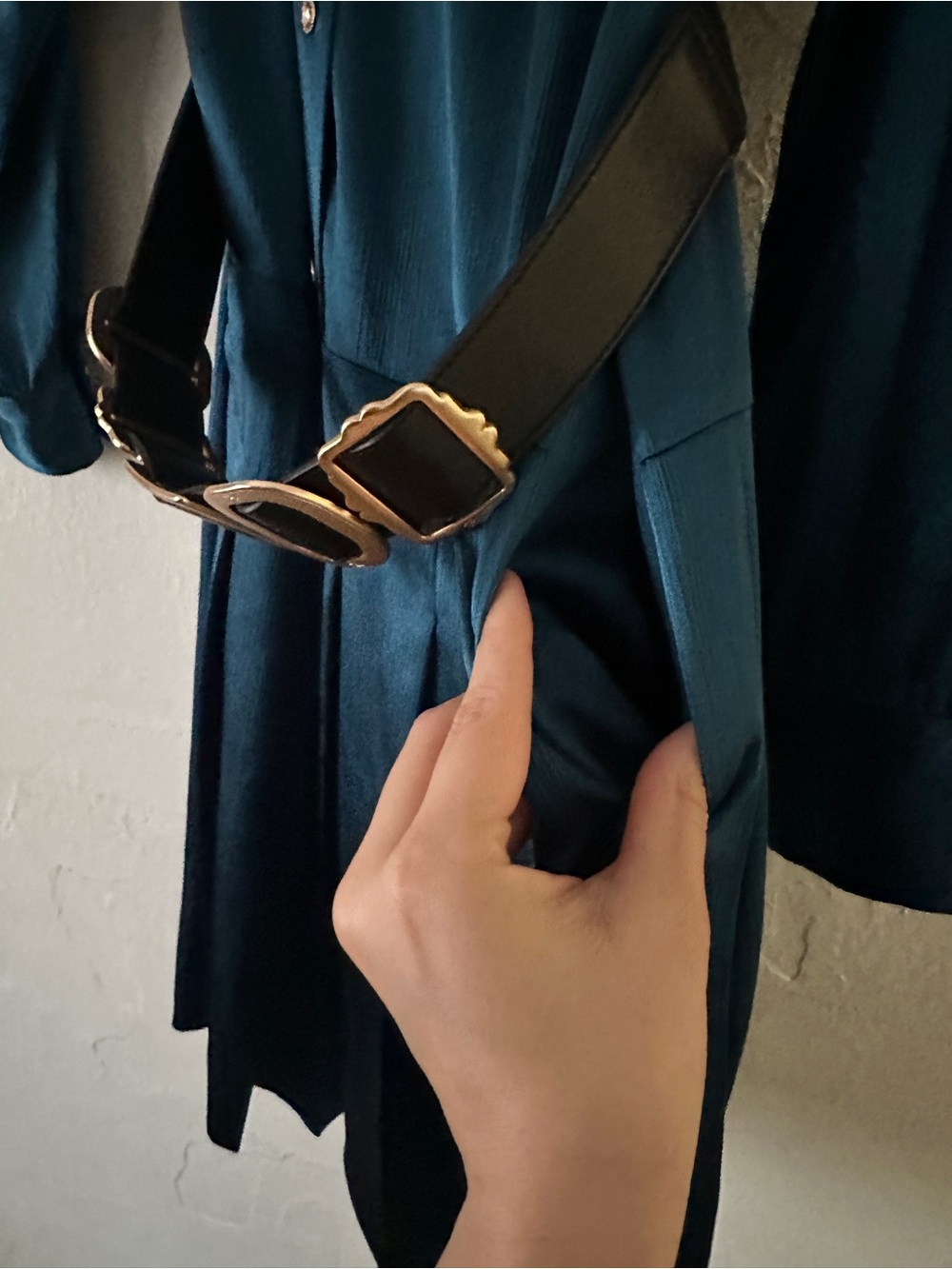 Karl Lagerfeld Teal Satin Long-Sleeve Button-Down Belted Midi Shirt Dress - Picture 11 of 15